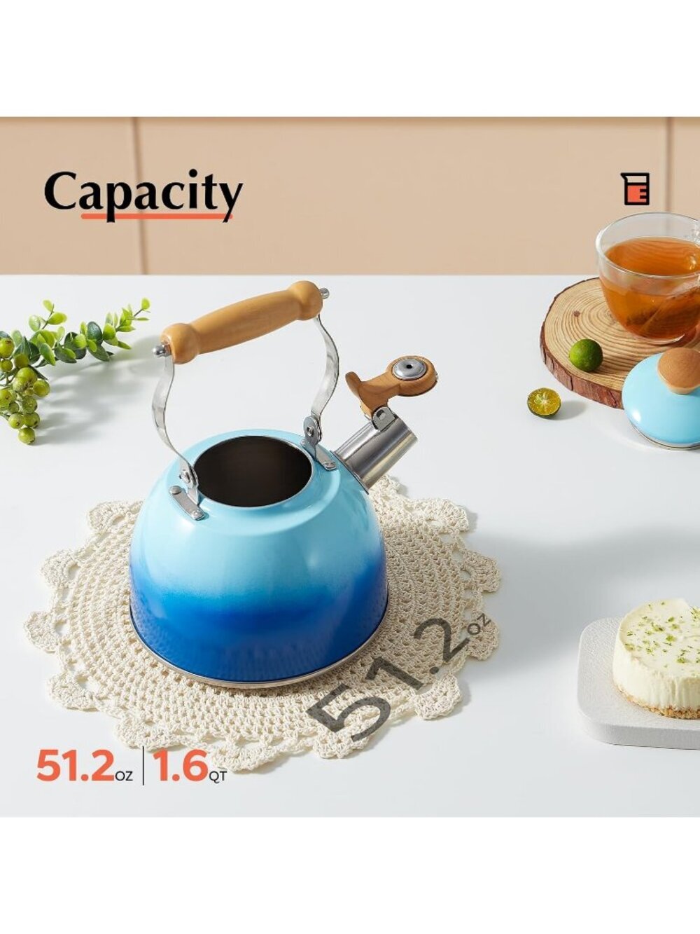 ROCKURWOK 1.6 Quart Blue Whistling Tea Kettle Stainless Steel Stovetop Tea Pot - Picture 3 of 7